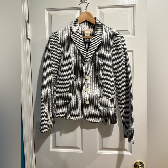 Sandro Striped Seersucker Blazer jacket pinstripe navy white S - Picture 2 of 5